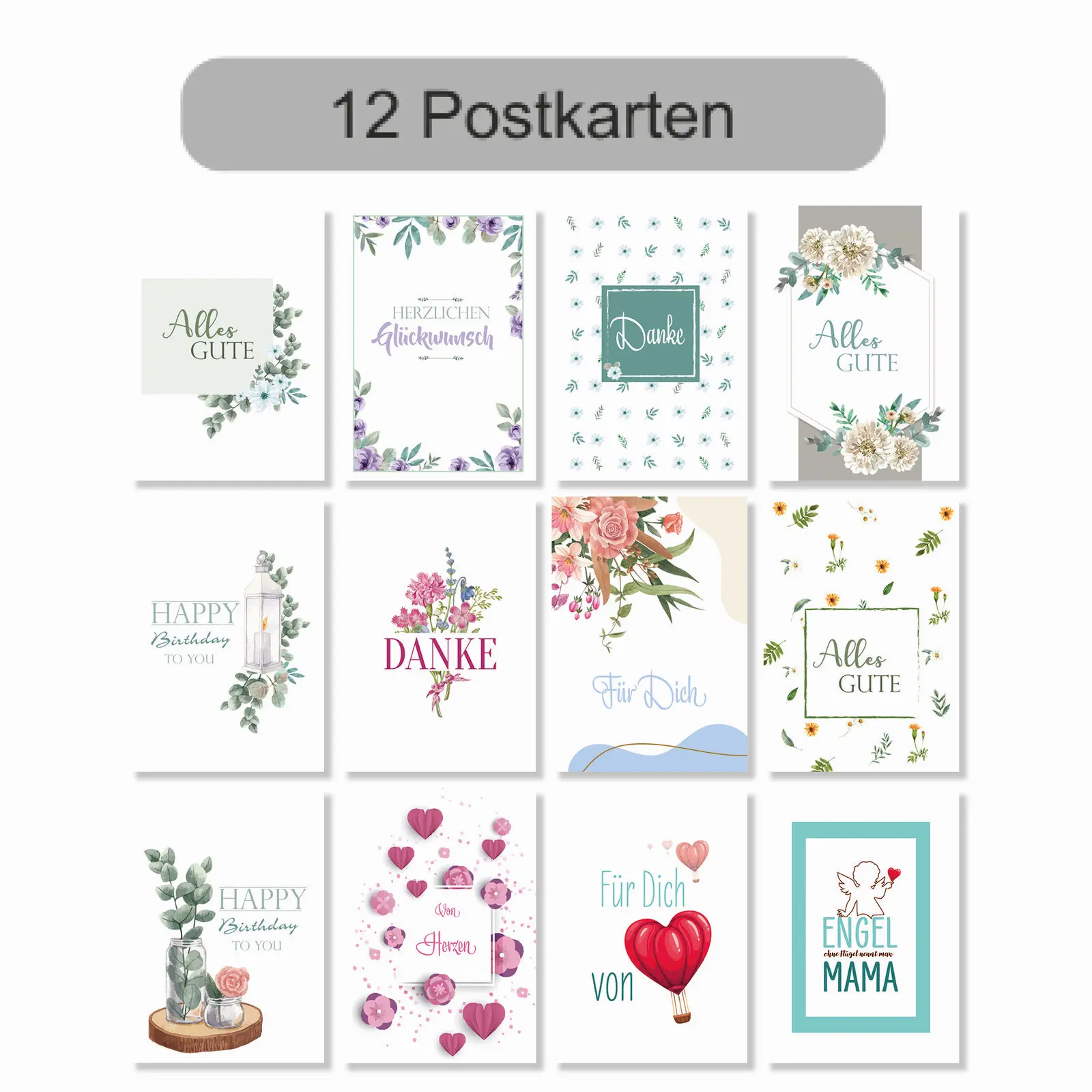 12er Set Blumenpostkarten für jede Gelegenheit gemischt
