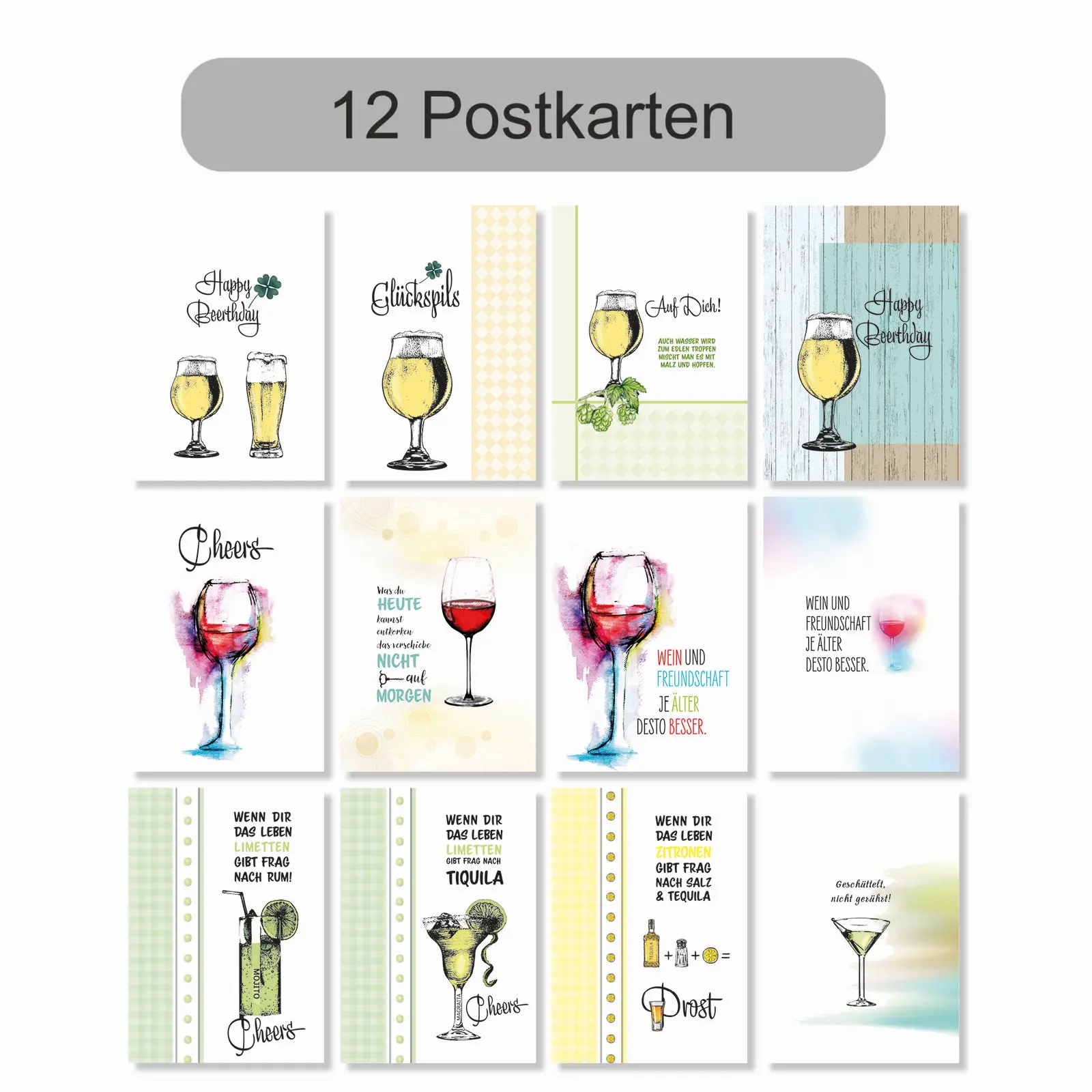 Postkartenset Cheers mit 12 Postkarten Trinksprüche und Glückwunsch A6 Postkartenset Cheers mit 12 Postkarten Trinksprüche und Glückwunsch