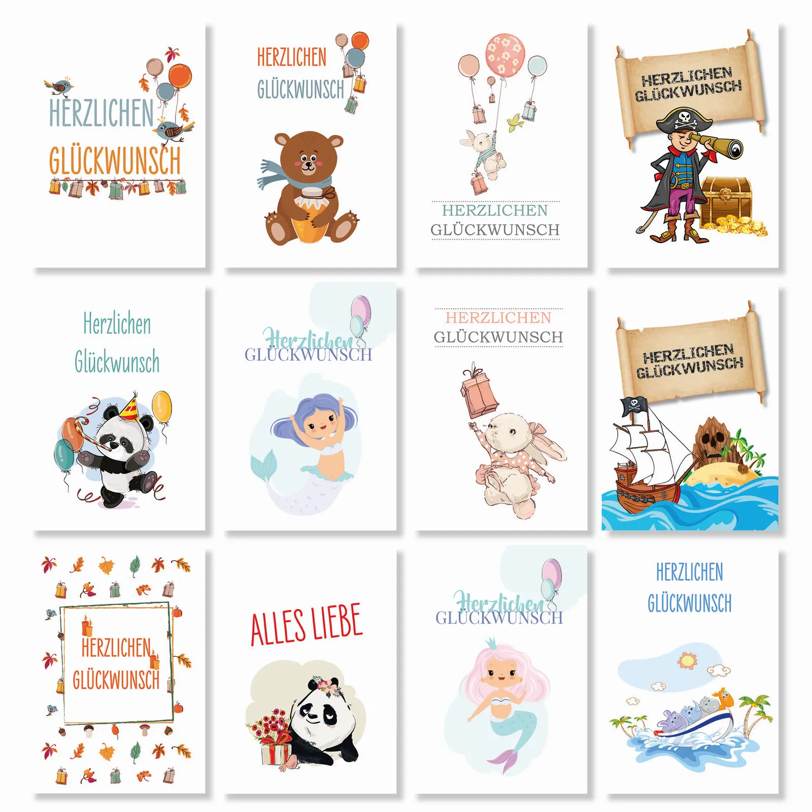 Postkarten Set 12 Stück gemischt für Kinder. Panda, Pirat usw Kinder Postkarten Set 12 Stück gemischt, Panda, Pirat usw