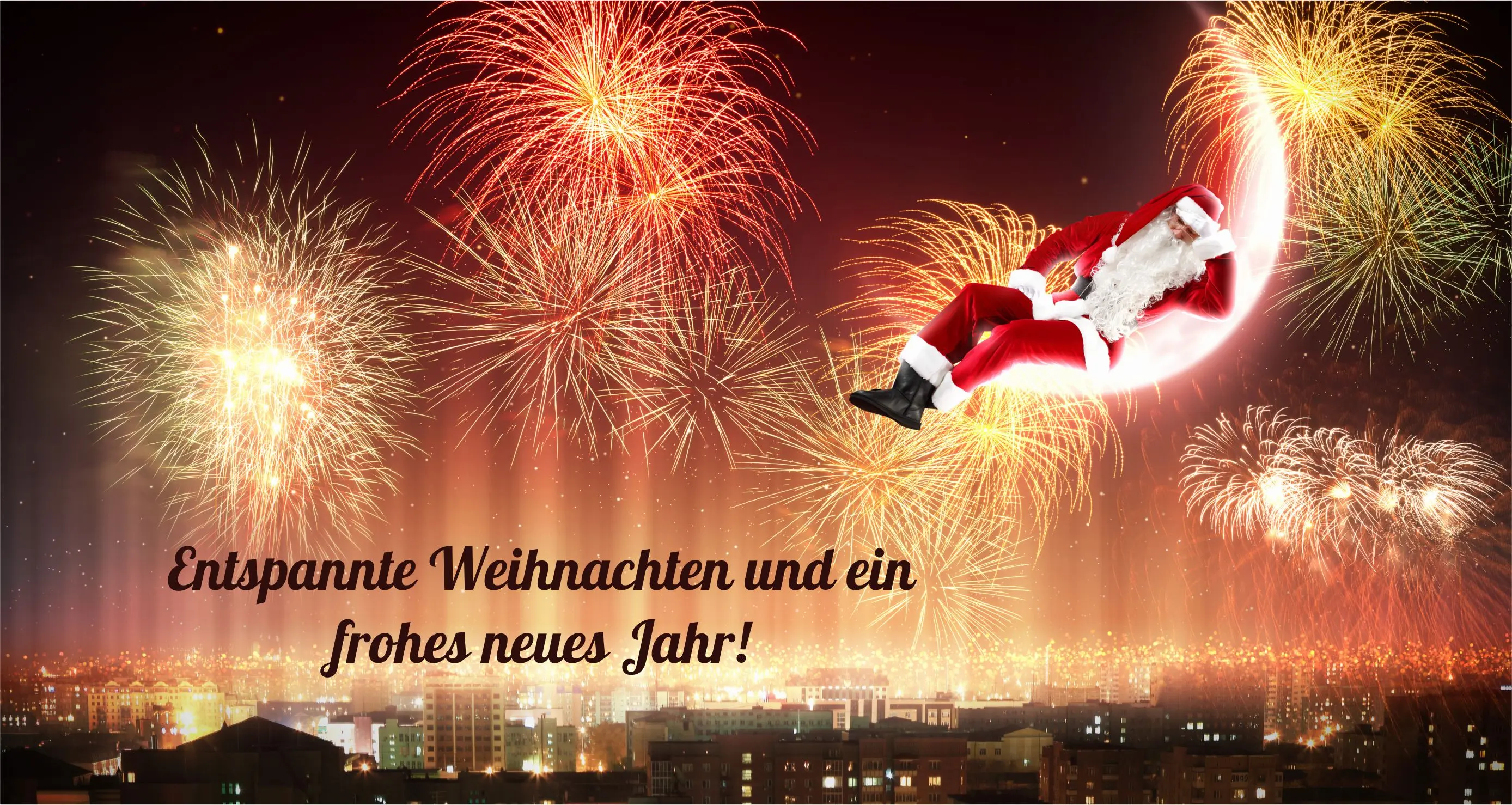 Weihnachtsmann schaut Feuerwerk vom Mond aus an