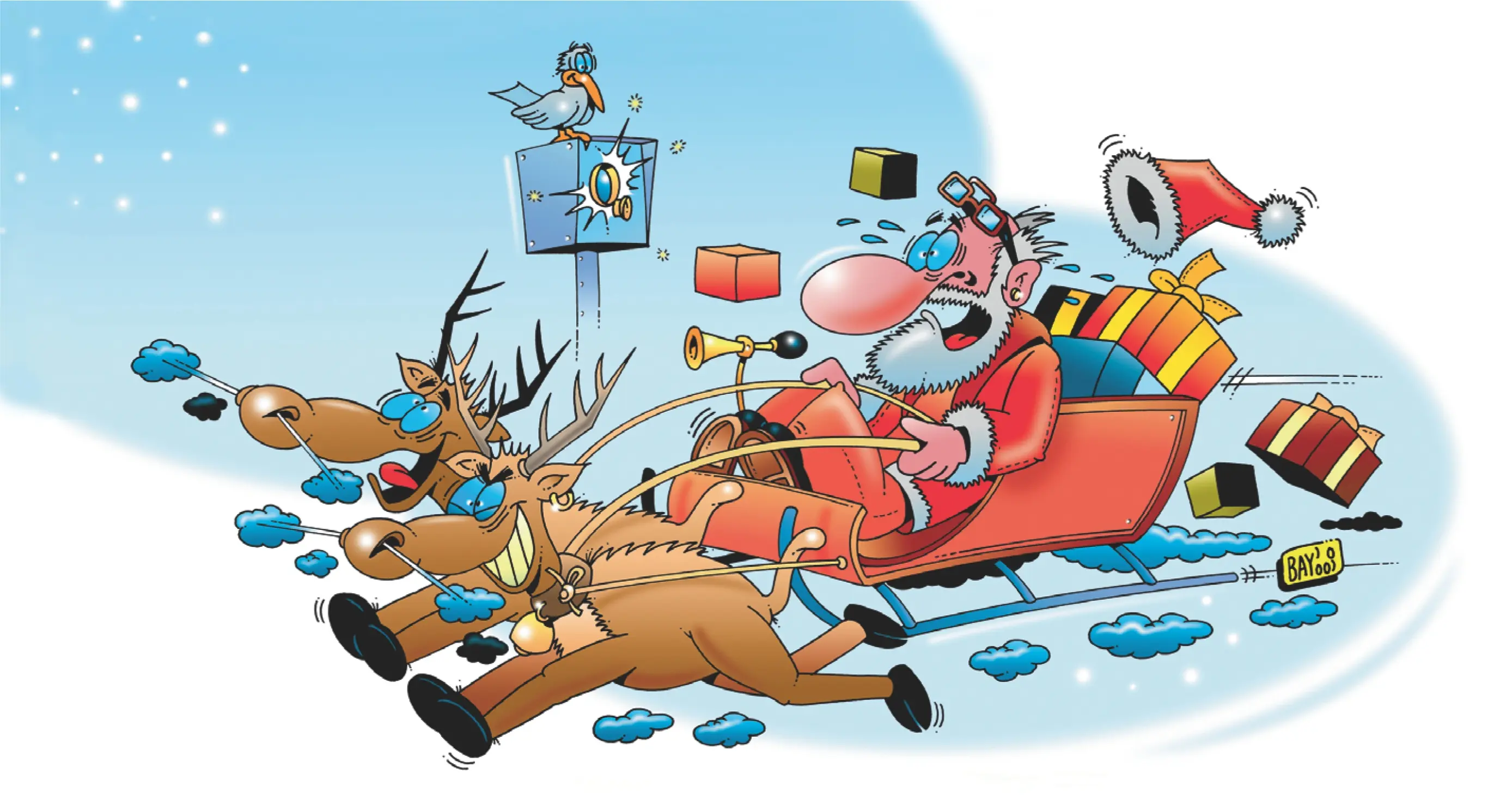 Weihnachtsmann wird geblitzt Rentierschlitten Comic Cartoon witzig lustig Weihnachtsmann wird geblitzt
